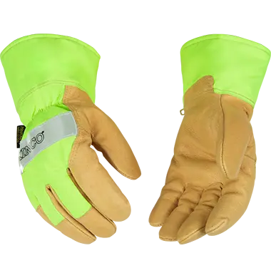 Lined Hi-Vis Green And Grain Pigskin Palm Work Gloves With Safety Cuff Large | 1939 Kinco 1