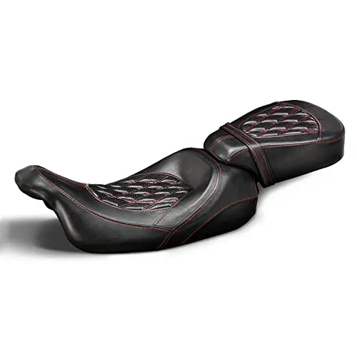 Low-Profile Seats Rider Passenger Pillion Leather Seat For Harley 2009-2022 Touring Road King Ultra Cvo Limited Street Glide Road Glide Models [Two Peice Driver & Passenger Seat, Red Stitching] 1