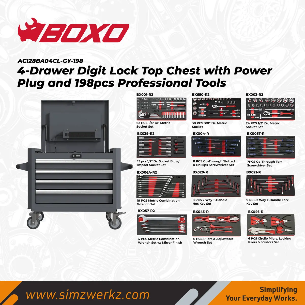 4-Drawer Digit Lock Top Chest With Power Plug And 198Pcs Professional Tools 1