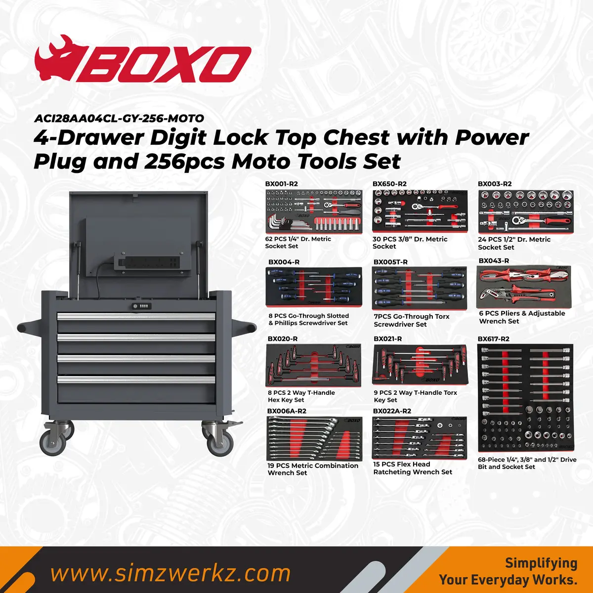 4-Drawer Digit Lock Top Chest With Power Plug And 256Pcs Moto Tools Set 1