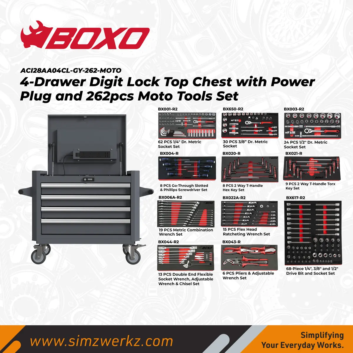 4-Drawer Digit Lock Top Chest With Power Plug And 262Pcs Moto Tools Set 1