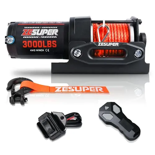 Zesuper 3000 Lb 12V Dc Electric Winch For Towing Atv/Utv Off Road With Wireless Remote New Synthetic Rope Mounting Bracket 1