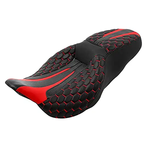 C.C. Rider Leather Rider Passenger Seat - Hexagon Stitching For Harley Davidson Touring Road King Street Glide Road Glide Electra Glide Cvo 2009-2021 Black Red 1