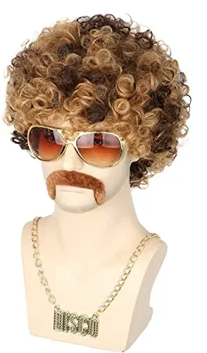 Topcosplay 3 Pieces Set Men Wigs Necklace Moustache Short Curly Halloween Wigs Blonde Mixed Brown 1