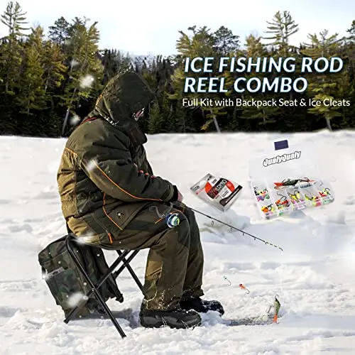 Qualyqualy Ice Fishing Rod Reel Combo Complete Set Ice Fishing Gear With Backpack Seat Ice Cleats Ice Fishing Jigs Line Full Ice Fishing Kit 2