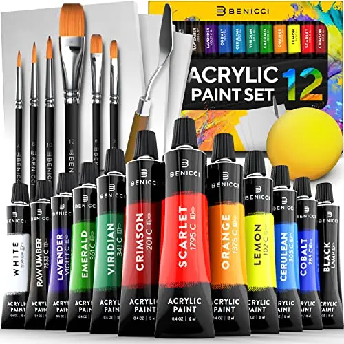 Acrylic Paint Set For Kids, Artists And Adults - 12 Vibrant Colors, 6 Brushes And 3 Paint Canvases - Perfect For Beginners Or Professionals 1