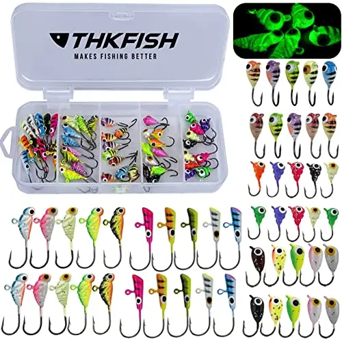 Thkfish 50Pcs/Box Ice Fishing Jigs Set Ice Fishing Lures Walleye Jigs Heads For Ice Fishing Gear Kit Panfish Crappie Perch Jigs Ice Fishing Box A 1