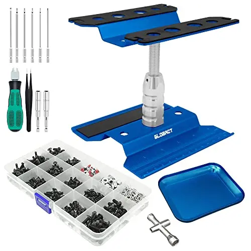 Globact Rc Car Repair Work Stand Repair Tool Set 360 Degree Rotation And 521 Pcs Rc Screws Kit And Rc Screwdrivers And Screws Pallet Kit For 1/8 1/10 1/12 1/16 1/18 Rc Car Truck Crawler (Blue) 1