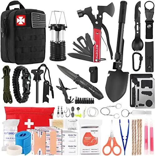 Survival Kit And First Aid Kit, 160 Pcs Emergency Supplies Camping Accessories With Upgraded Molle Bag, Including Hatchet Shovel Pliers Lantern, Gifts For Men Outdoor Adventure Camping Hiking Hunting 1