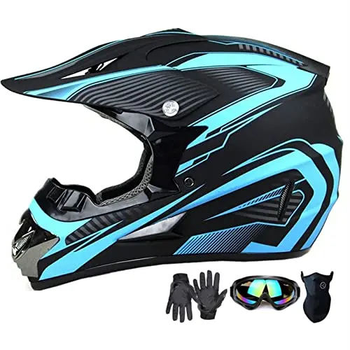 Motocross Helmet,Adult &Youth Trend Full Face Helmet,Atv Motorcycle Helmet,Dirt Bike Downhill Off-Road Mountain Bike Helmet,Dot Certified,4-Piece Set (Blue, M) 1