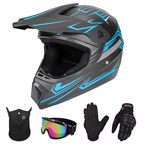 Yesmotor Youth Kids Motocross Helmet Full Face Motorcycle Dirt Bike Off-Road Mountain Bike Bmx Mx Atv Helmet- Dot Approved With(Gloves Goggles Mask) 4Pcs Set (Blue,M) 1