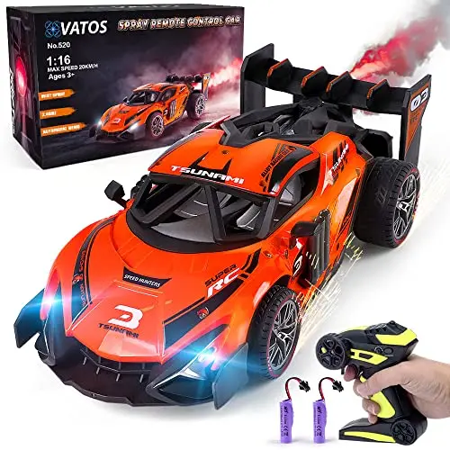 Vatos 1:16 Remote Control Car - 2.4 Ghz Metal Rc Cars With Spraying Mist & Light For Kids, 20 Km/H Electric Sport Racing Hobby Toy Car With 2 Rechargeable Batteries Provide 50 Min Playtime For Boys 1