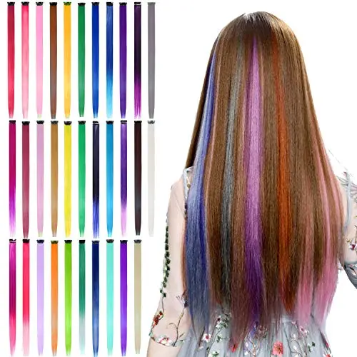 Beahot 32 Pcs Colored Clip In Hair Extensions 20 Inch Rainbow Long Straight Hairpieces Clip In Synthetic, Halloween Cosplay Dress Up Fashion Party Christmas New Year Gift For Women Kids Girls 1