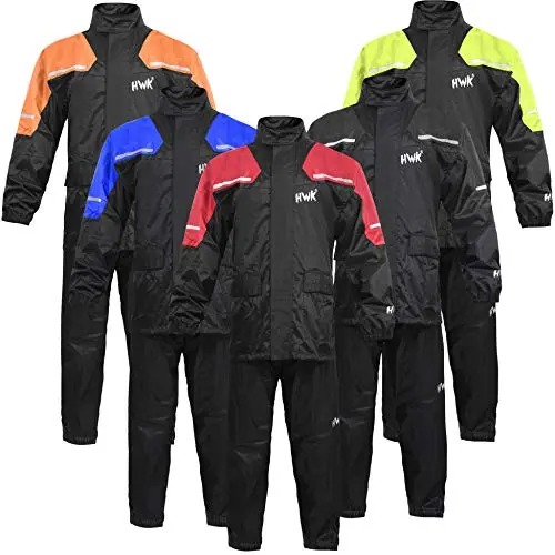 Hwk Motorcycle Rain Suit For Men & Women Gear Jackets & Pants Reflective Waterproof Rainsuit (Red, X-Large) 1