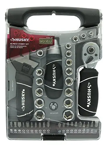 Husky Stubby 46 Piece Ratchet And Wrench Set W/ Drive Sockets, Screwdriving Bits, And Onboard Storage 1