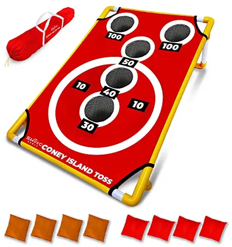 Swooc Games - Coney Island Toss - Boardwalk Inspired Cornhole Bounce Game With Carrying Case (15+ Games Included) - Pvc Corn Hole Bean Bag Toss Game For Kids - Corn Holes Outdoor Game Set 1