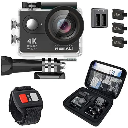 Remali Capturecam 4K Ultra Hd And 12Mp Waterproof Sports Action Camera Kit With Carrying Case, 3 Batteries, Dual Battery Charger, 2” Lcd Screen, Wifi, Remote Control, And 21 Mounts And Accessories 1