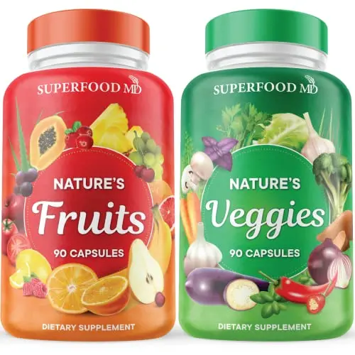 Superfood Md Fruits And Veggies Supplement - 90 Fruit And 90 Veggie Capsules -100% Whole Natural Superfood - Filled With Vitamins And Minerals - Supports Energy Levels - Made 90 Count (Pack Of 2) 1
