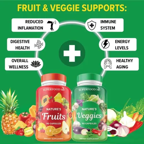Superfood Md Fruits And Veggies Supplement - 90 Fruit And 90 Veggie Capsules -100% Whole Natural Superfood - Filled With Vitamins And Minerals - Supports Energy Levels - Made 90 Count (Pack Of 2) 2