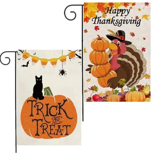 2Pcs Halloween Fall Thanksgiving Garden Flag, Trick Or Treat Halloween Yard Flags Pumpkins Cat Turkey Harvest Fall Decorations For Home Yard Indoor Outdoor 12 X 18 Inch Double Sided 1