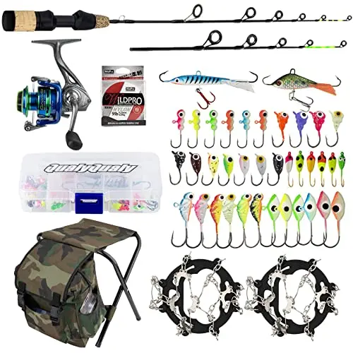 Qualyqualy Ice Fishing Rod Reel Combo Complete Set Ice Fishing Gear With Backpack Seat Ice Cleats Ice Fishing Jigs Line Full Ice Fishing Kit 1