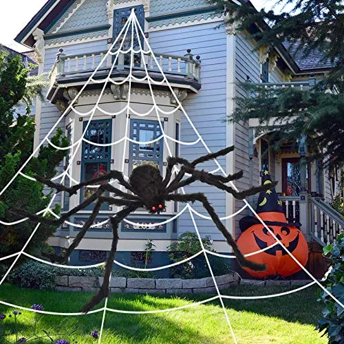 Ocato 200" Halloween Spider Web + 59" Giant Spider Decorations Fake Spider With Triangular Huge Spider Web For Indoor Outdoor Halloween Decorations Yard Home Costumes Parties Haunted House Décor 1