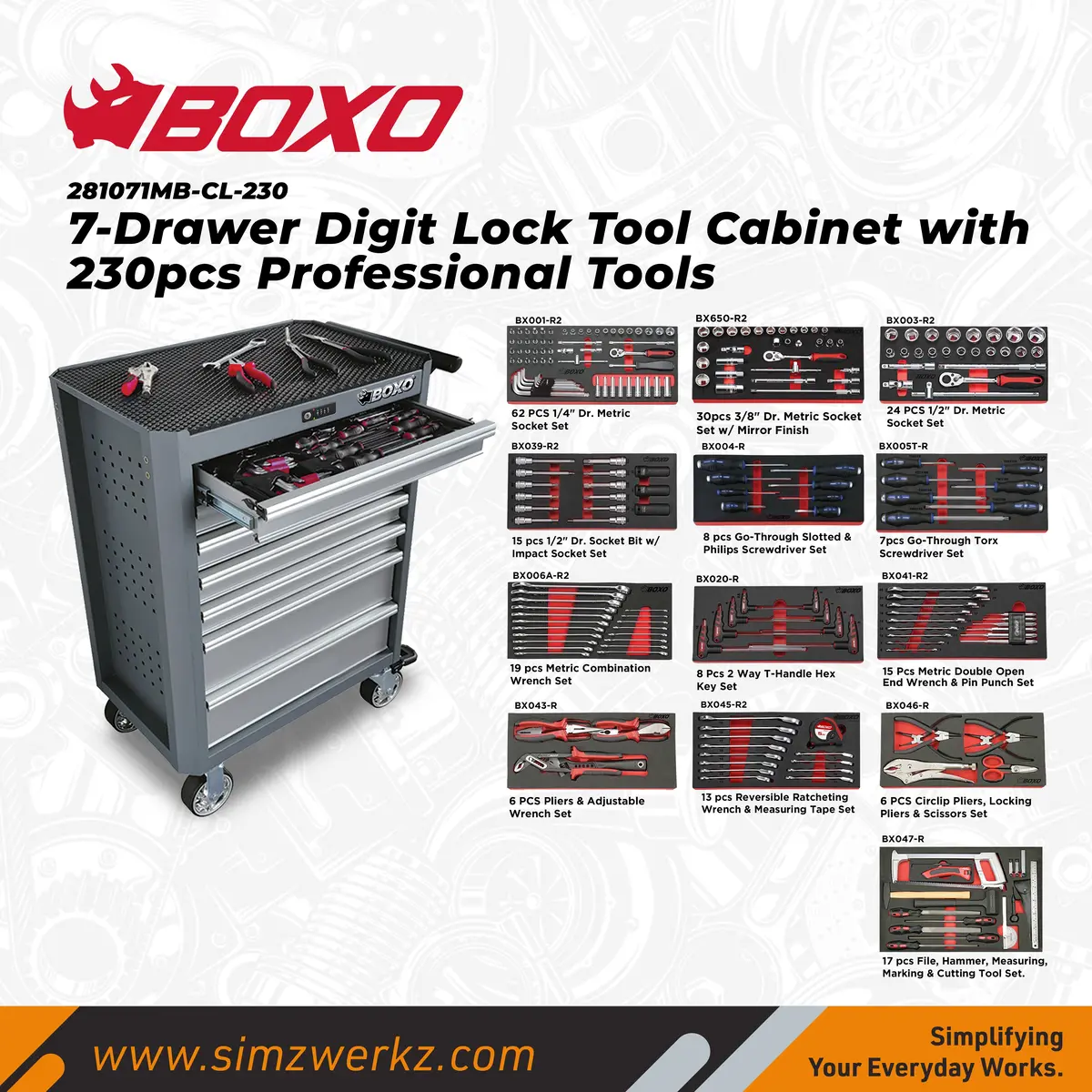 7-Drawer Digit Lock Tool Cabinet With 230Pcs Professional Tools 1