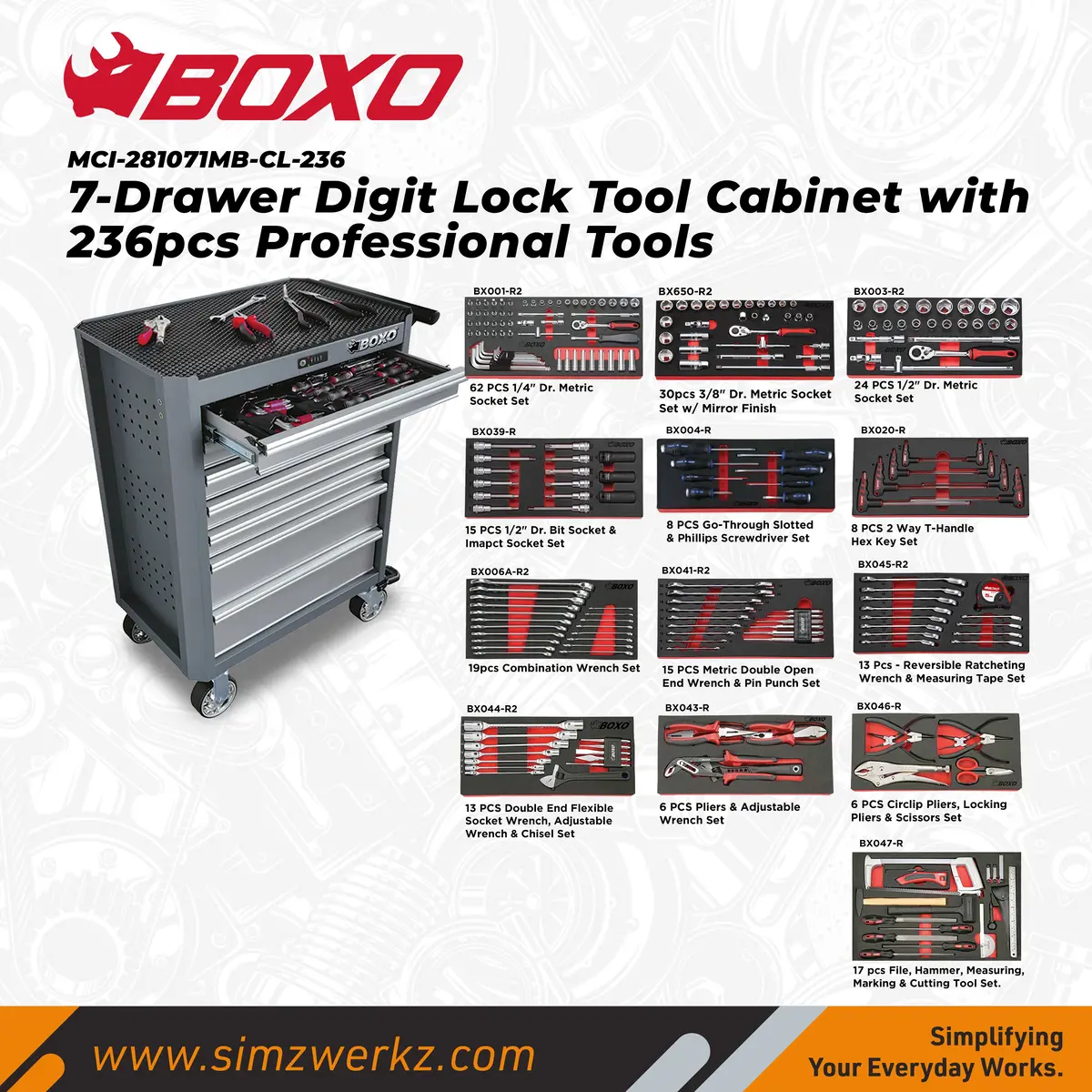 7-Drawer Digit Lock Tool Cabinet With 236Pcs Professional Tools 1