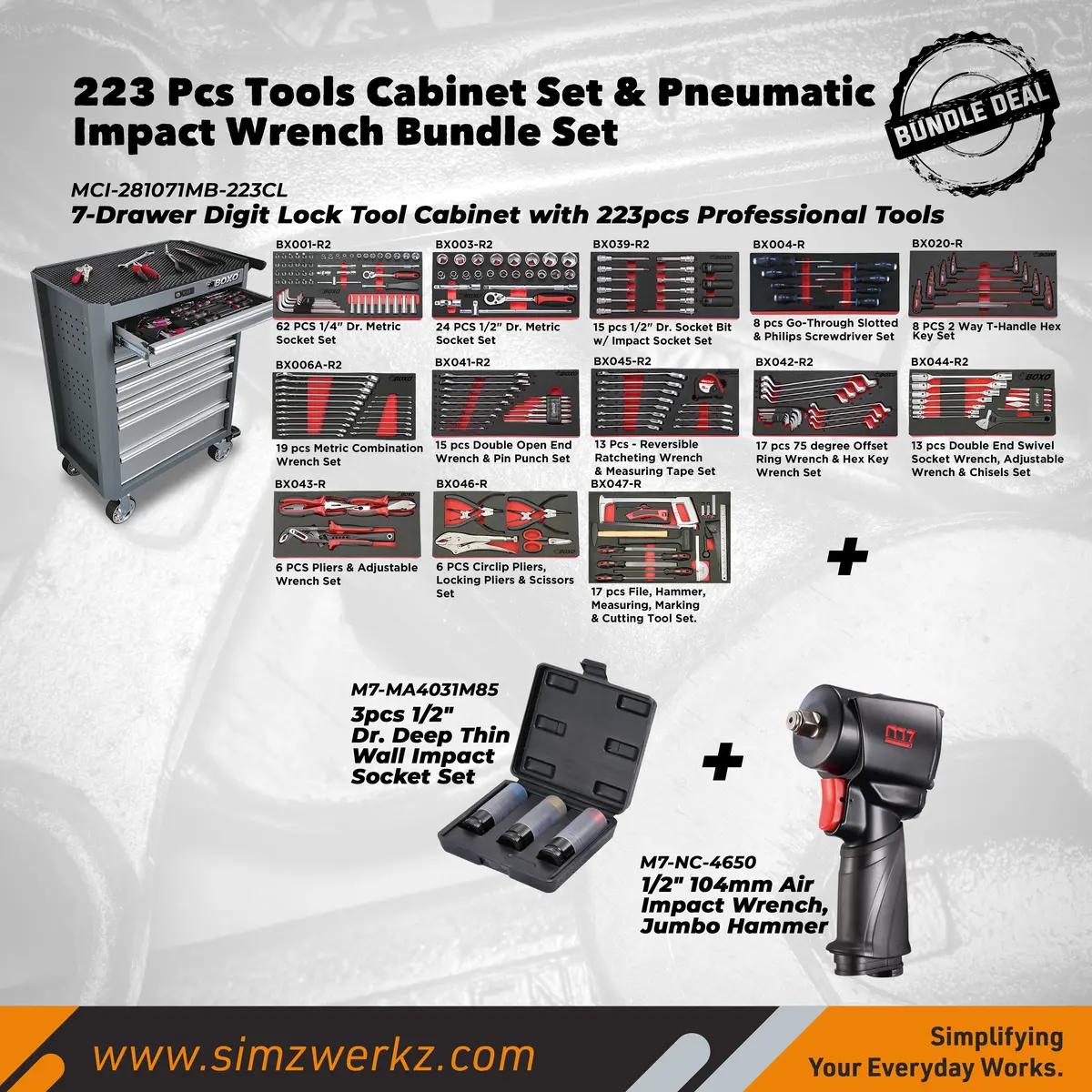 223 Pcs Tools Cabinet Set & Pneumatic Impact Wrench Bundle Set 1