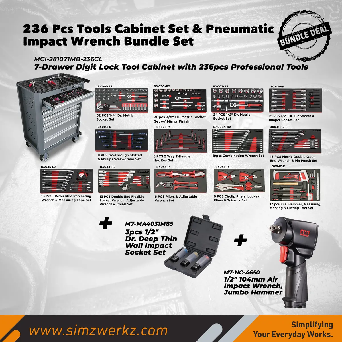 236 Pcs Tools Cabinet Set & Pneumatic Impact Wrench Bundle Set 1