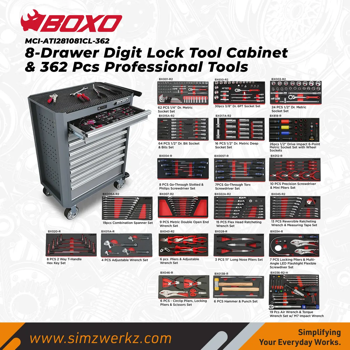8-Drawer Digit Lock Tool Cabinet With 362Pcs Professional Tools 1
