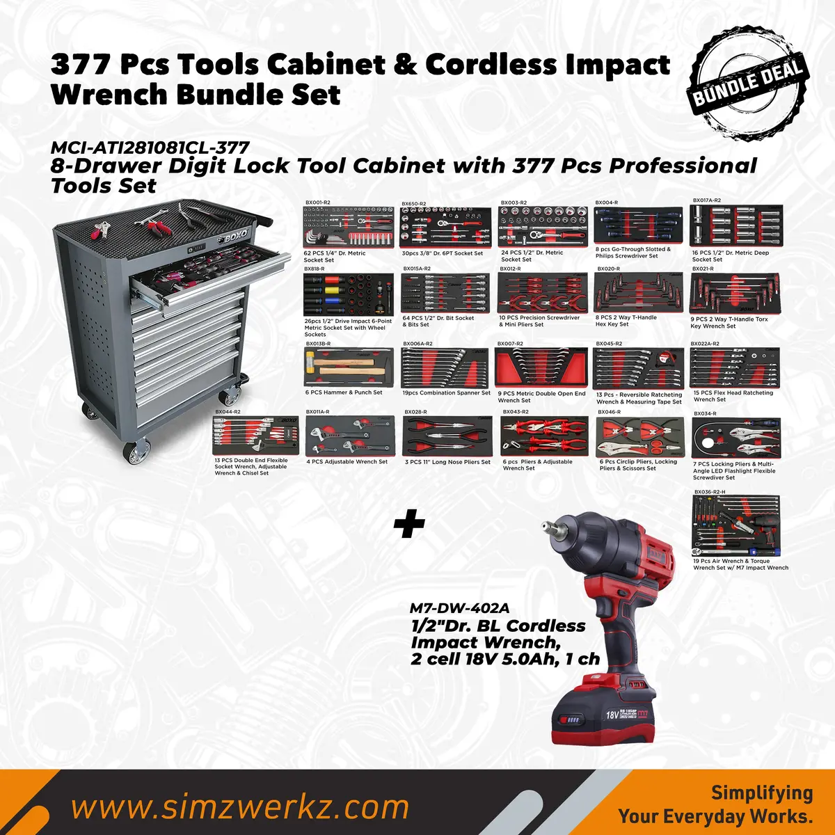 377 Pcs Tools Cabinet & Cordless Impact Wrench Bundle Set 1