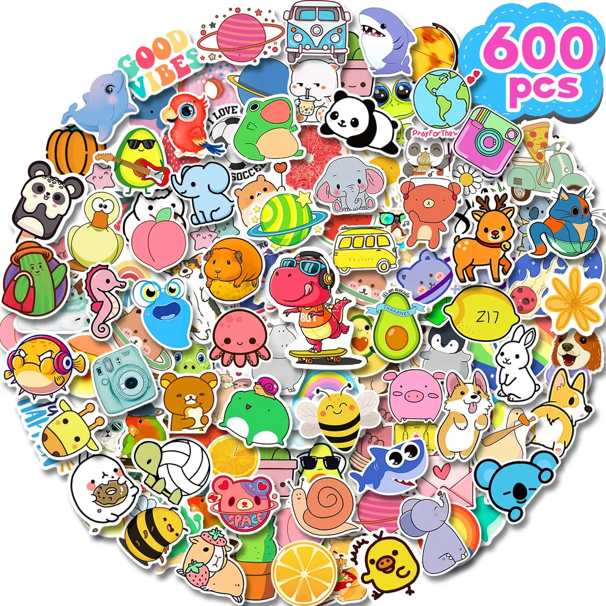 Apakkai Stickers For Kids, 600Pcs Water Bottle Stickers For Teens, Cute Vinyl Waterproof Aesthetic Scrapbook Halloween Stickers Pack For Laptop Computer, Kawaii Animal Stickers For Boys Girls Adults 1
