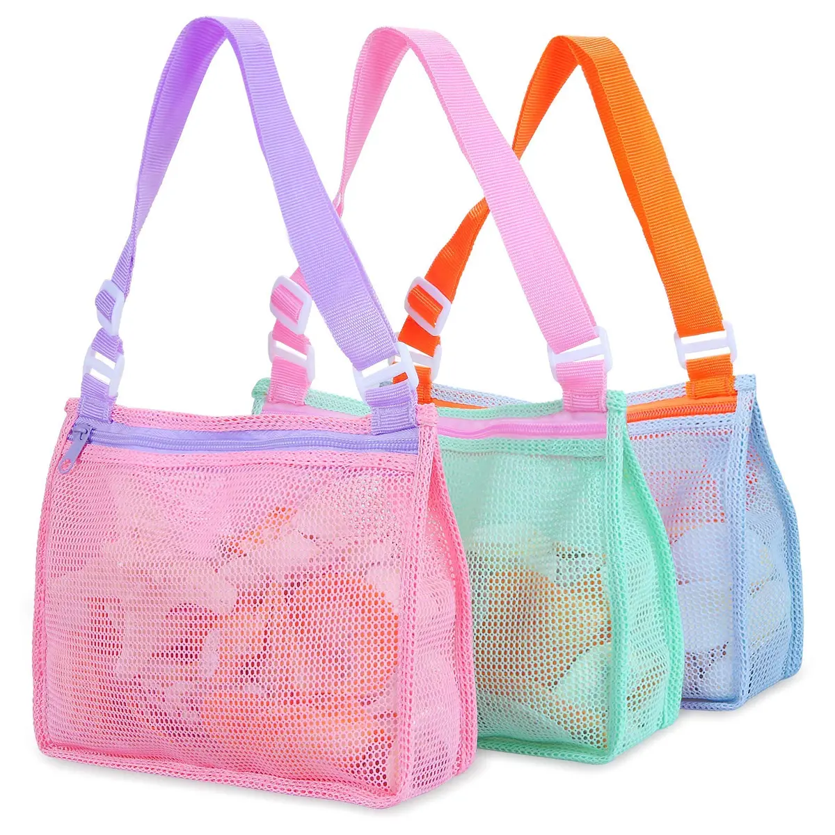 Tagitary Beach Toy Mesh Beach Bag Kids Shell Collecting Bag Beach Sand Toy Seashell Bag Swimming Accessories For Boys And Girls(Only Bags,A Set Of 3) 1