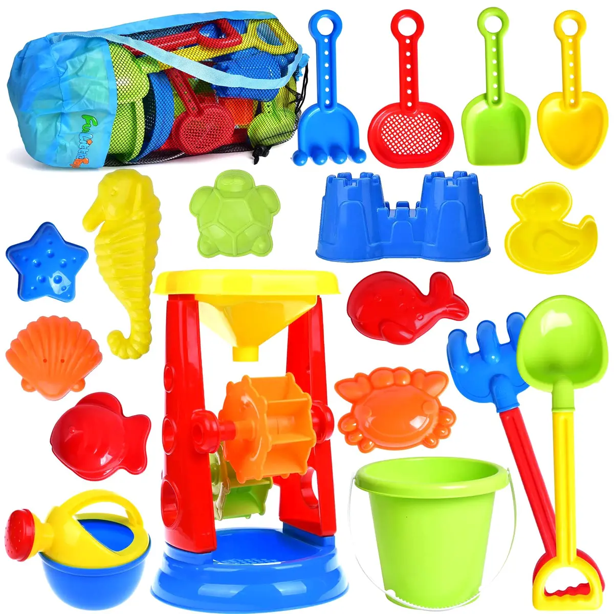 Beach Toys, 19 Piece Sand Toys Set Kids Sandbox Toys Includes Water Wheel Beach Tool Kit Bucket Watering Can Molds Sand Toys Mesh Bag For Travel, Beach Toys For Kids Ages 3-13 1