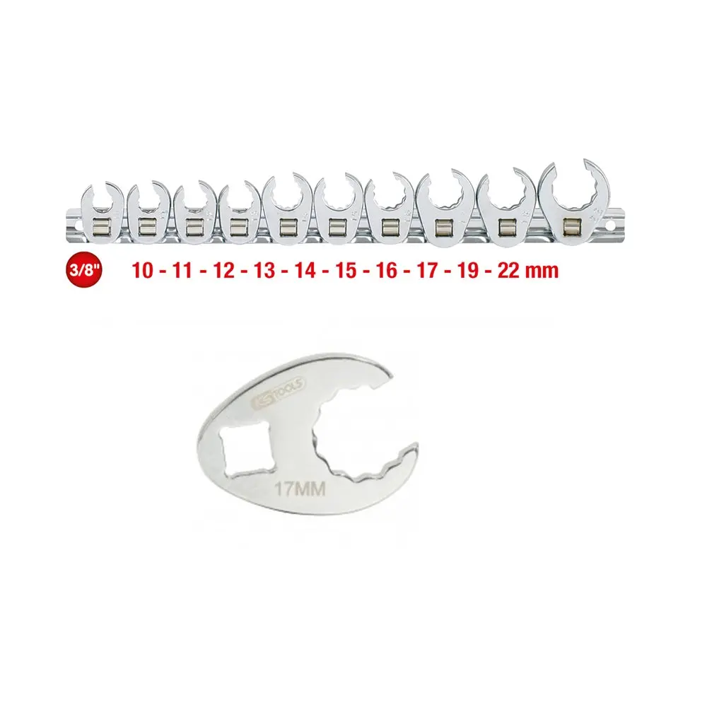 3/8" Chrome+ Crowfoot Wrench Set, 10Pcs,10-22Mm 1