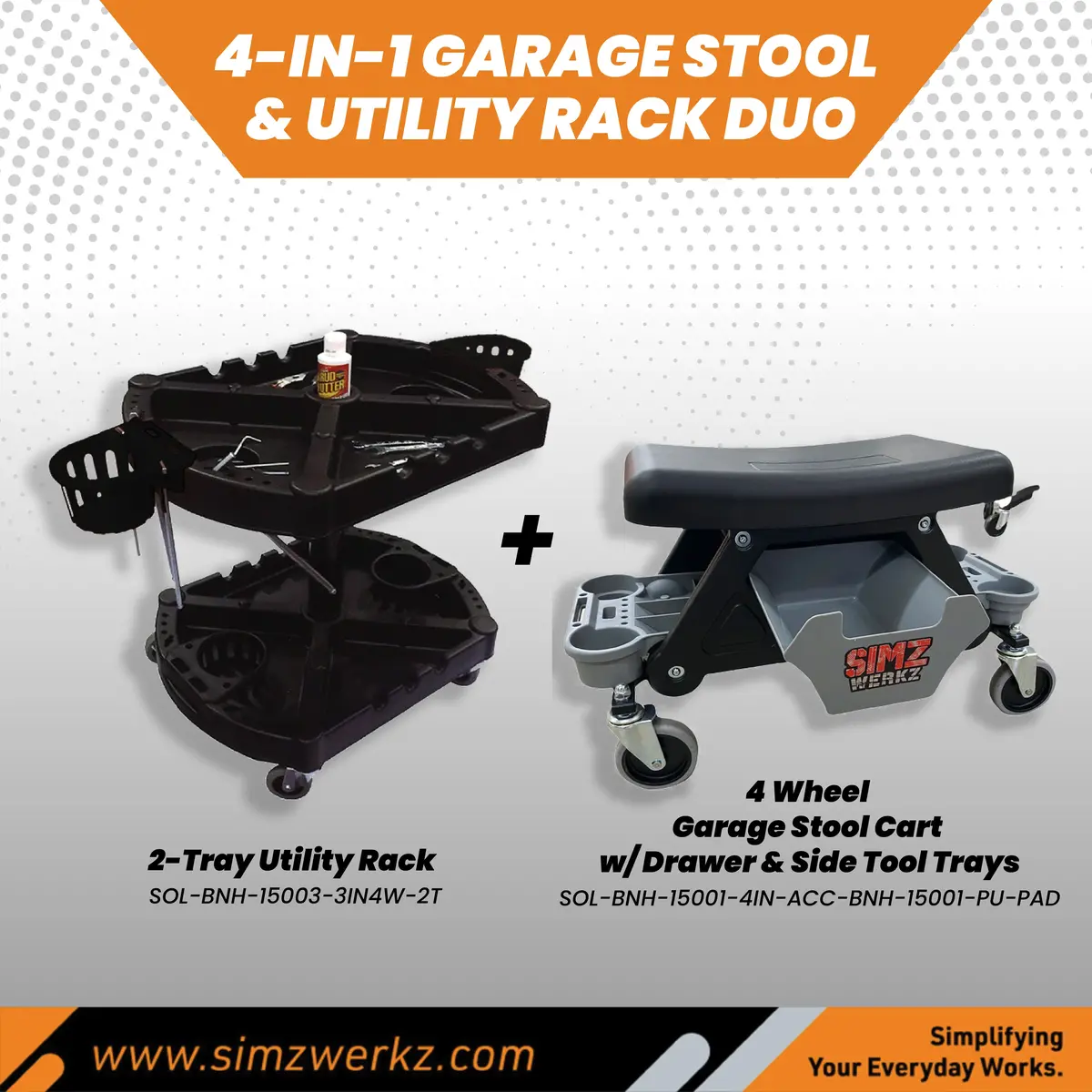 4-Wheel Garage Stool Cart & Utility Rack Duo 1