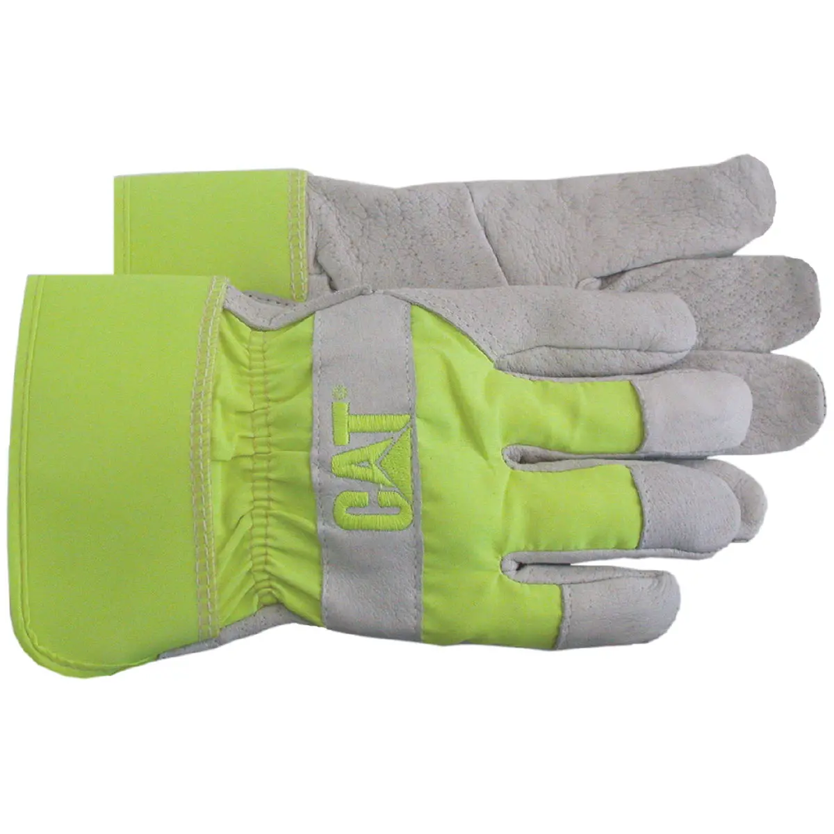Leather Palm Work Gloves W/Fluorescent Green Back & Rubberized Cuff Large | Cat Merchandise Cat013103l 1