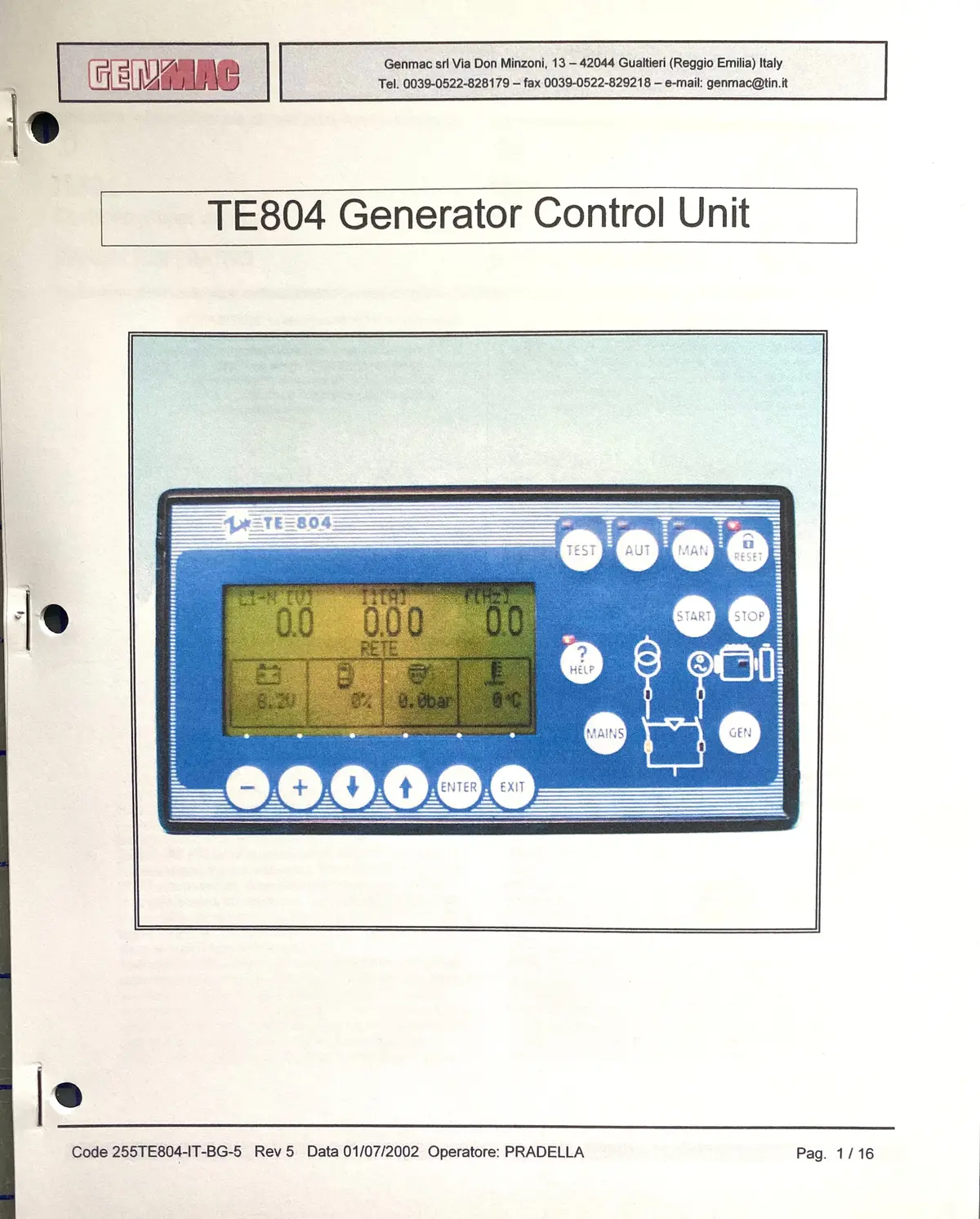 Te 804 Controller Manual, Includes Operation, Technical Informational Manual For The Elliott And Genmac Generators Models Mpsg/Hsg 12, 12, 19 And Mpsd/Hsd 17 And 21 Diesel Units 1