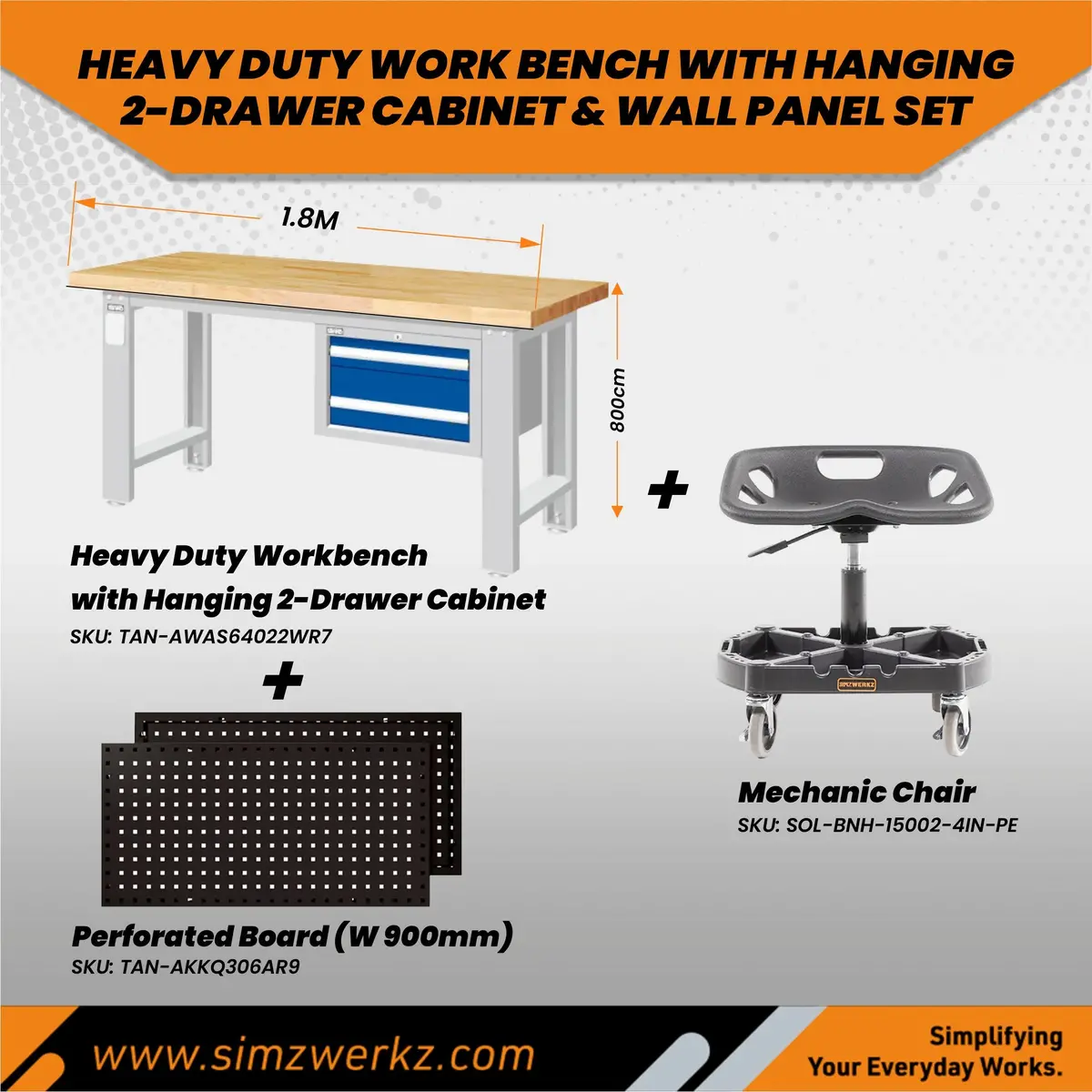 Heavy Duty Work Bench With Hanging 2-Drawer Cabinet & Wall Panel Set 1