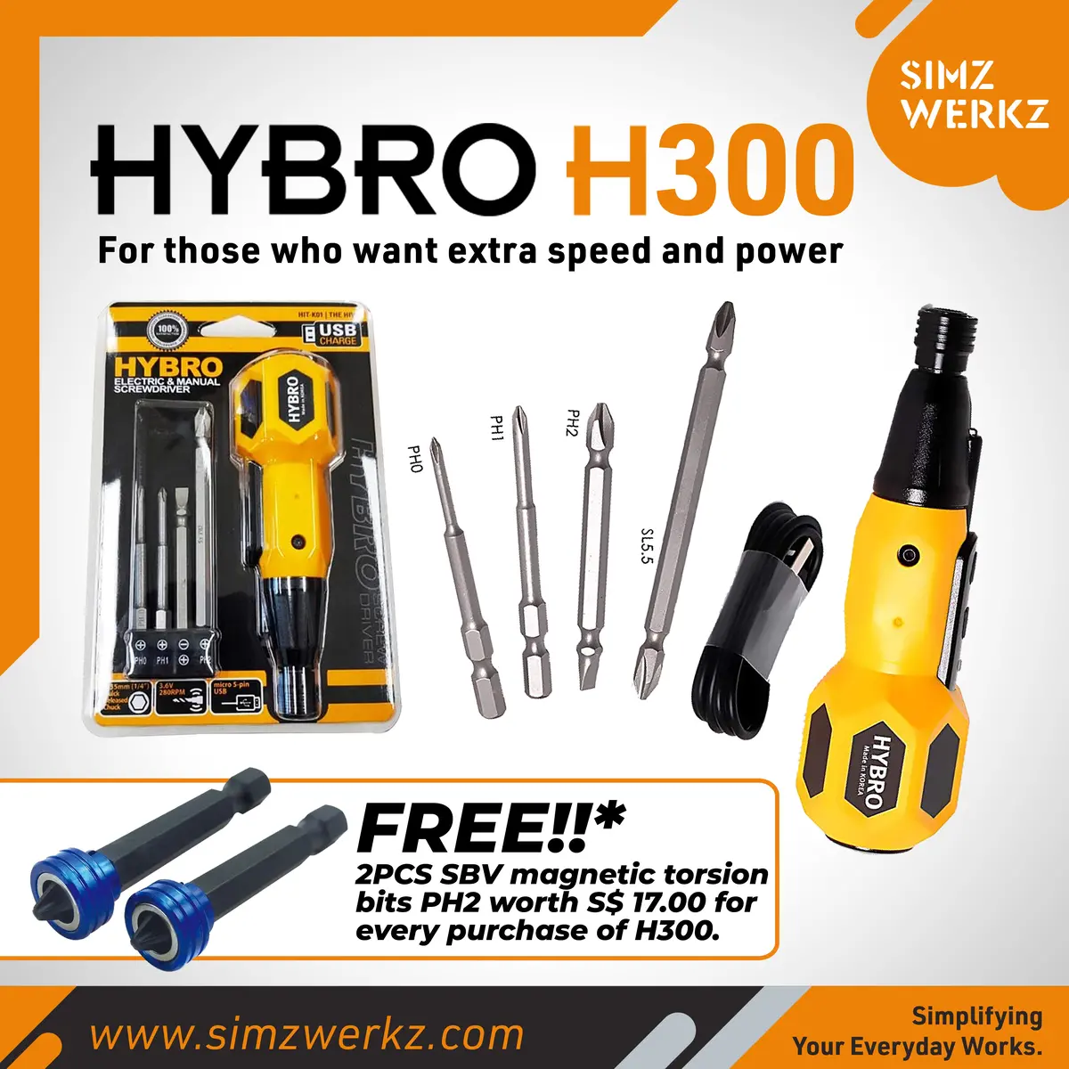 Hybro H300 + Free Sbv Magnetic Torsion Bits Ph2 2Pcs 1