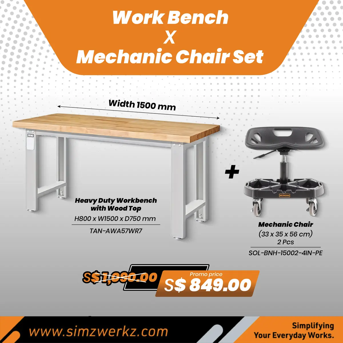 Tanko Work Bench [1500Mm] X Mechanic Chair Set 1
