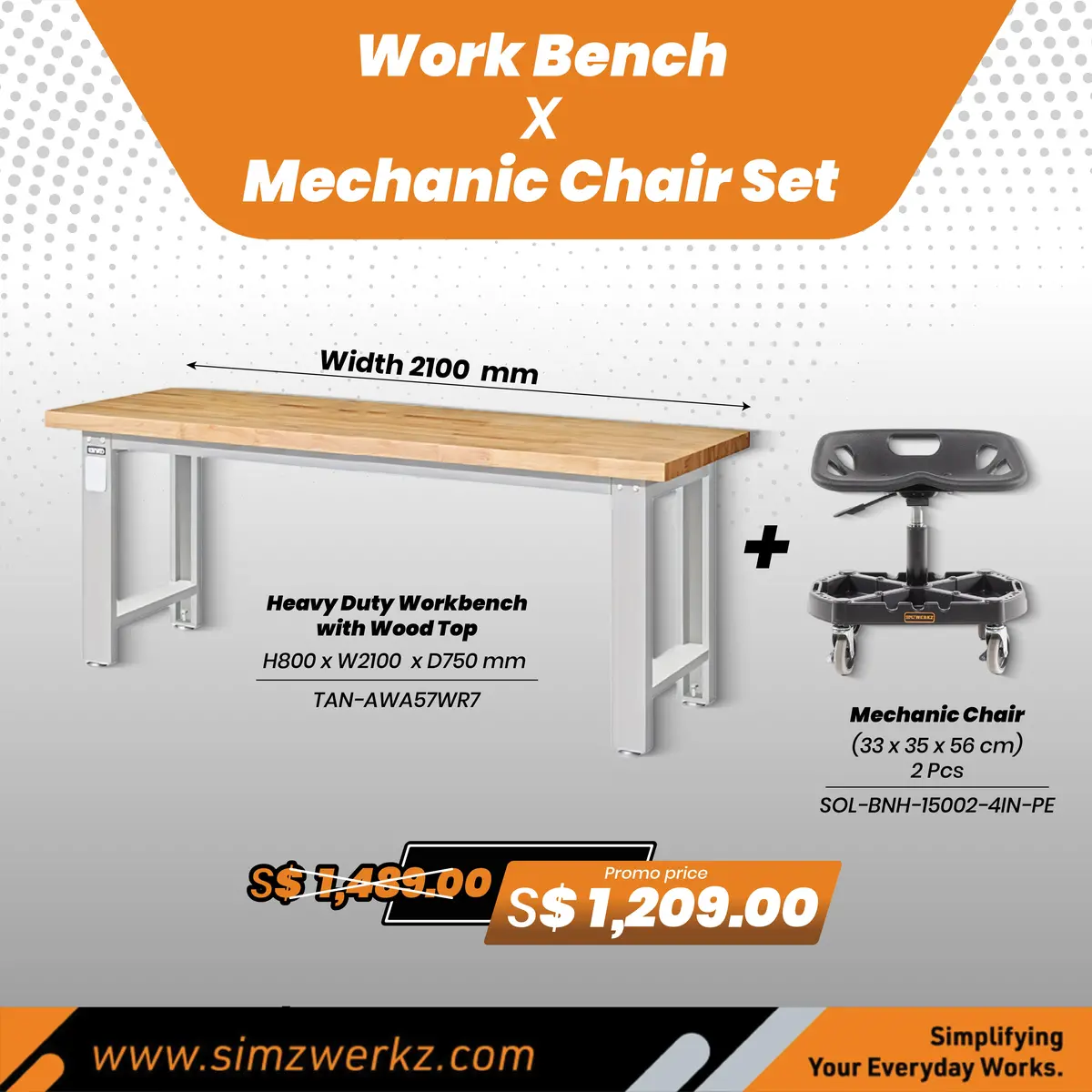 Tanko Work Bench [2100Mm] X Mechanic Chair Set 1