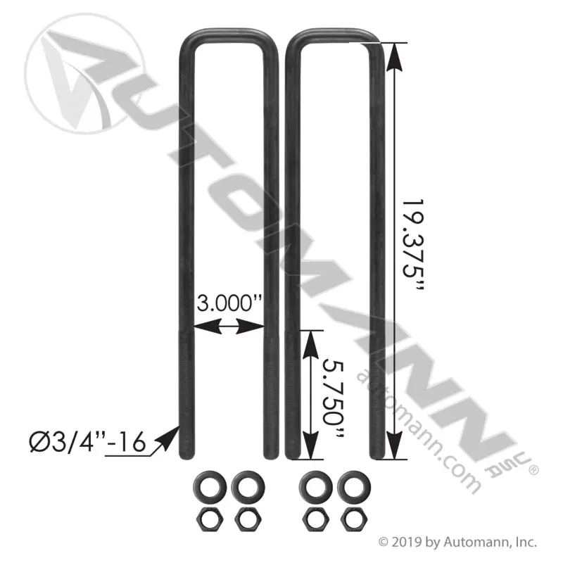 U Bolt Kit Square, 3/4In X 3In X 19-3/8In | Aubk8251-193 Automann 1