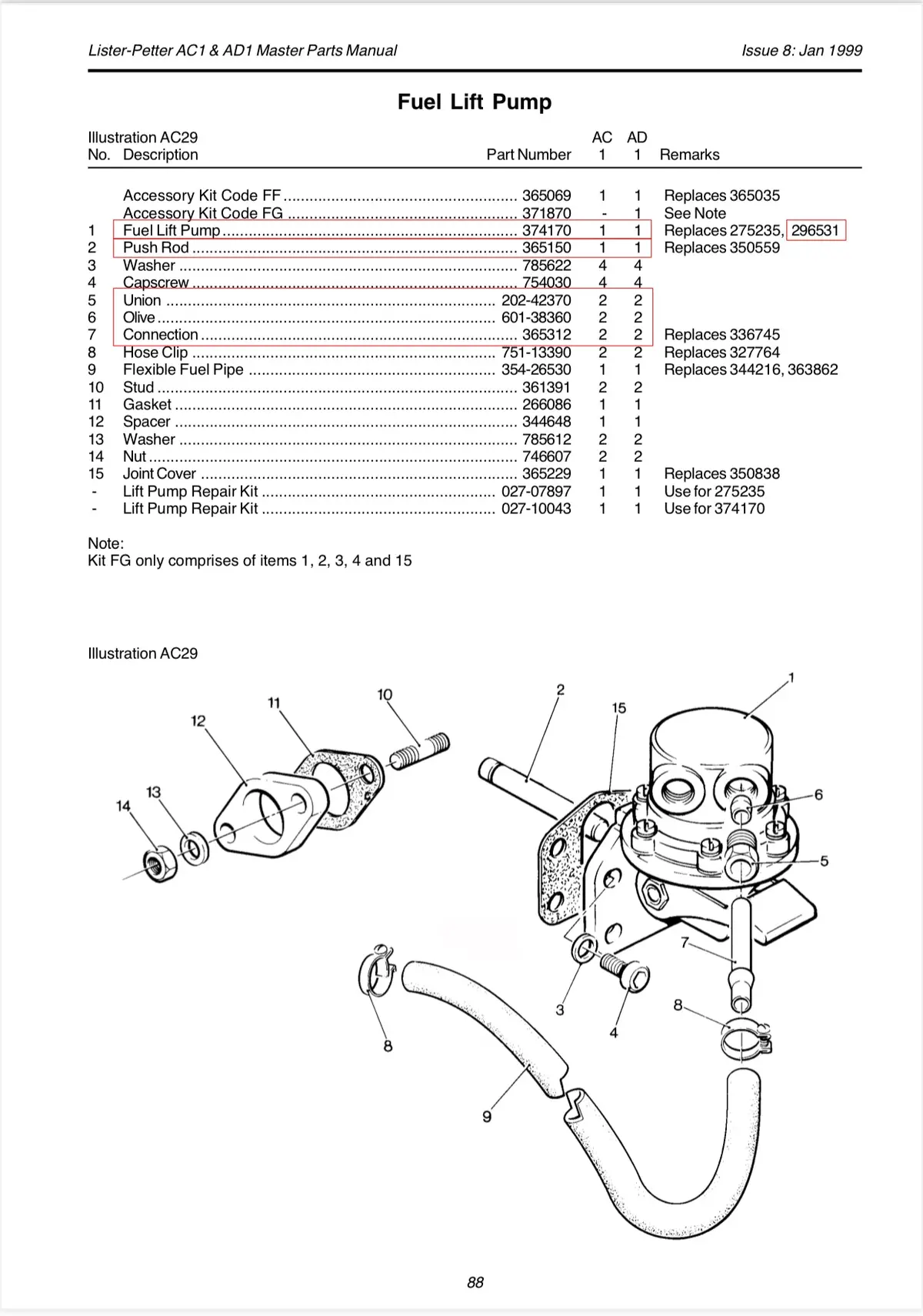 027-10043 Fuel Lift Pump Repair Kit, Used On Pump 374170, 201-46296 And 201-46298 2
