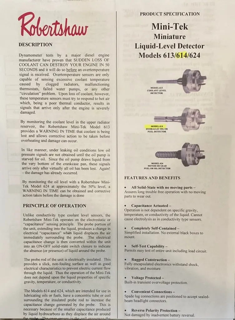 614-Nlu-0000-0 Robertshaw Mini-Tek Liquid Level Detector, Model 614 2